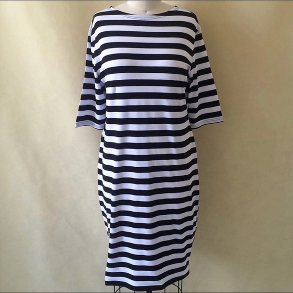 Black White Stripe Sheath Dress Casual 3/4 Sleeve - Picture 2 of 3